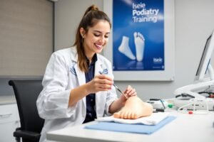 Mujer joven aprendiendo cómo ser auxiliar de podología con Iseie.