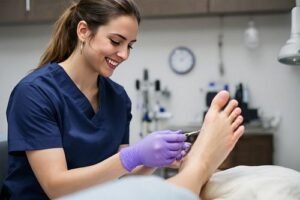 Auxiliar de podología asistiendo a un podólogo en clínica, mostrando qué hace un auxiliar de podología.