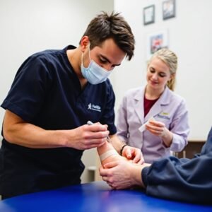 Gráfico que muestra la diferencia podólogo y auxiliar podología en un entorno clínico.