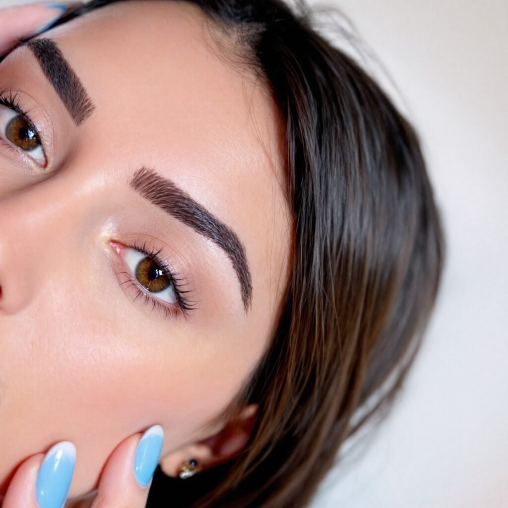 Un primer plano de unas cejas perfectas y simétricas después de un tratamiento de microblading, simbolizando el resultado final de un curso de microblading profesional exitoso.