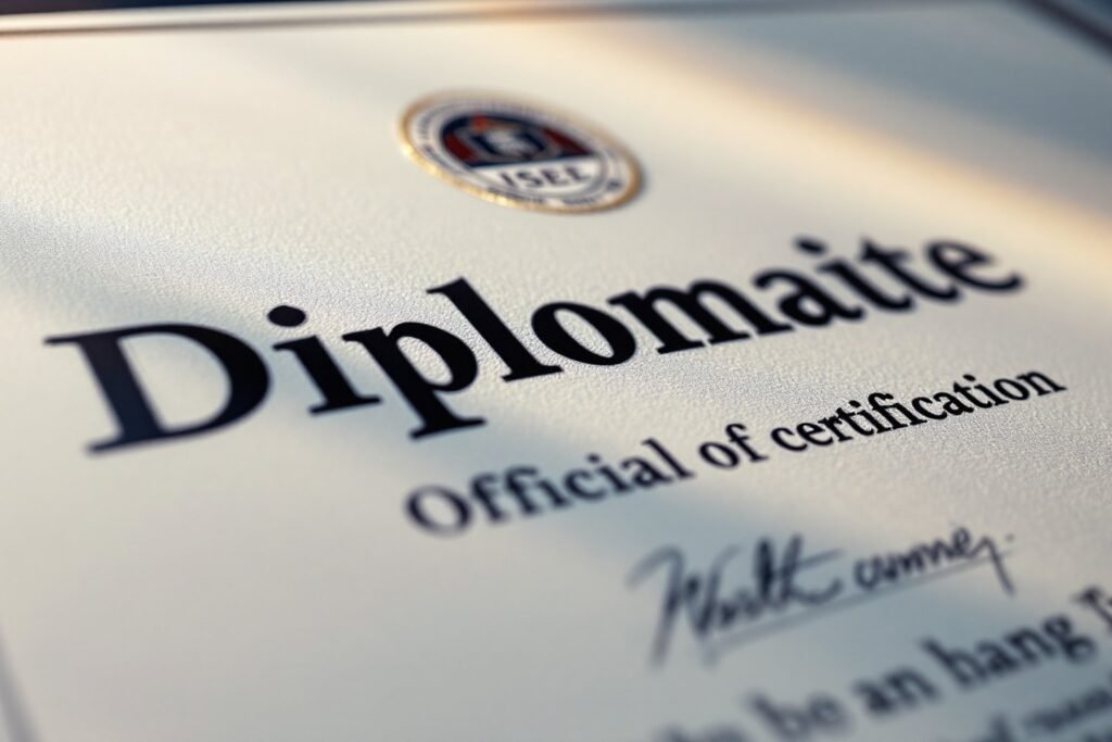 Un diploma con el logo de ISEIE y el sello de acreditación oficial, simbolizando la validez y el prestigio de nuestra certificación oficial.