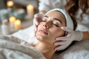 Un profesional de estética aplicando un tratamiento facial en un cliente en un entorno de spa, representando las habilidades que se aprenden en un curso estética profesional.