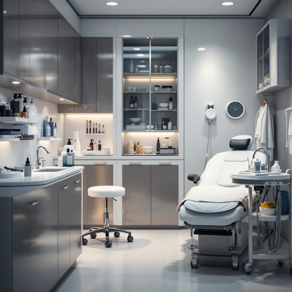 Un gabinete de estética profesional, limpio y bien iluminado, con una camilla de tratamiento, un carro de herramientas y productos, ilustrando el resultado de montar gabinete estética auxiliar.