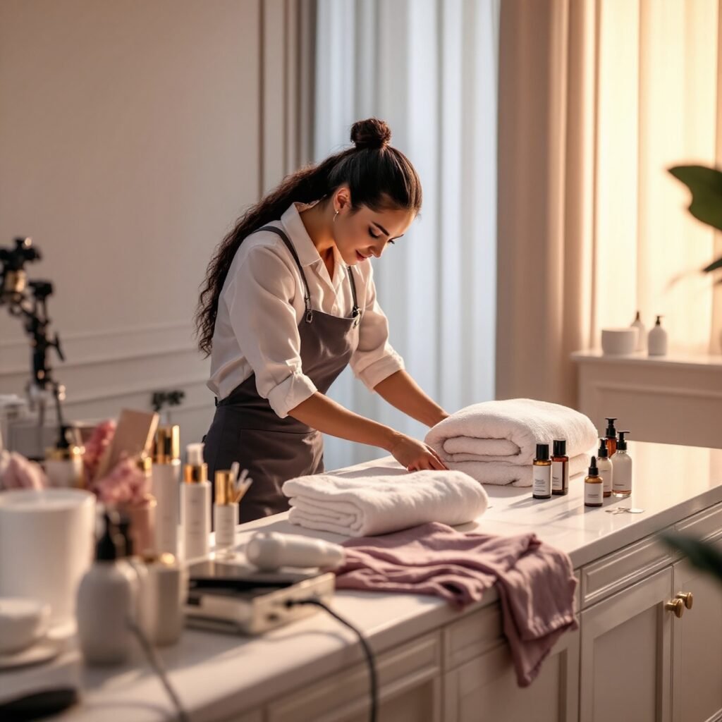 Un auxiliar de estética preparando una cabina de tratamiento, con toallas, productos y equipos ordenados, ilustrando una de las tareas clave de qué hace un auxiliar de estética.