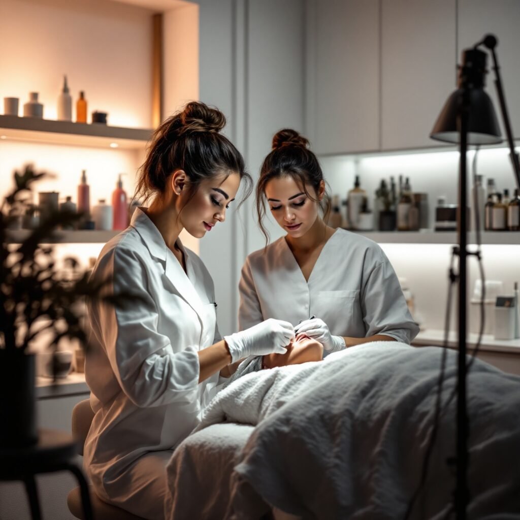 Un Rol Esencial en la Belleza: Qué hace un auxiliar de estética Dos profesionales de la estética, un esteticista y un auxiliar, colaborando en un tratamiento en un salón, representando la importancia del trabajo en equipo en el rol de qué hace un auxiliar de estética.