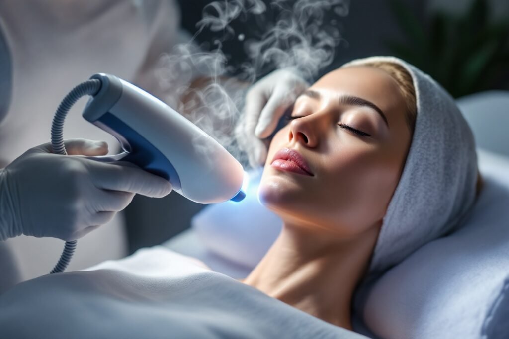 Una estudiante en el laboratorio de prácticas de ISEIE, operando un equipo de luz LED, simbolizando la formación en tecnología que se recibe en nuestro curso sobre tendencias estética 2025.