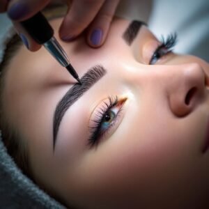 Un primer plano de unas cejas con la técnica de micropigmentación híbrida, que combina microblading y sombreado, ilustrando una de las tendencias de micropigmentación 2025.